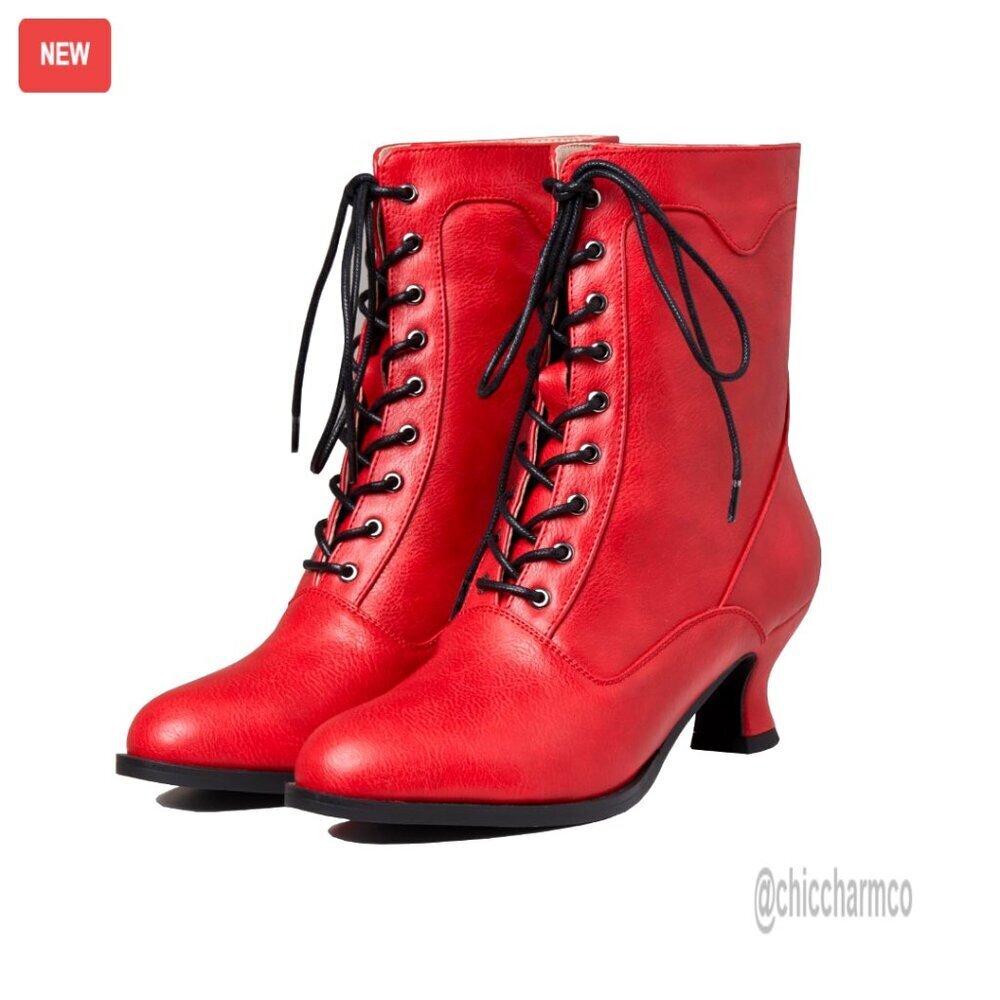 Victorian Mid Calf Boots Lace Up Chunky Heel Round Toe Ankle Boots
